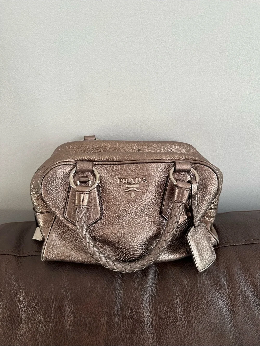 Prada Metallic Taupe/Bronze Leather Satchel